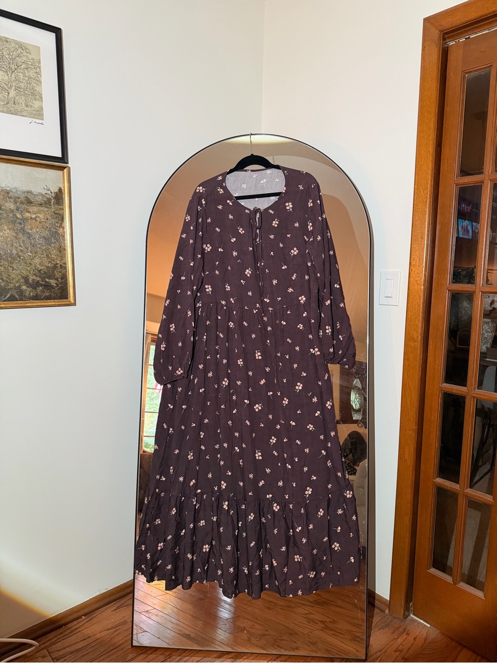 SHEIN Brown Floral Tie-Neck Tiered Maxi Dress